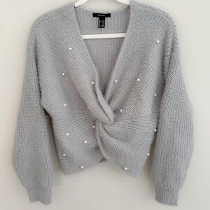 Forever 21 Grey Pearl Twist Front Knit Sweater - Size Medium
